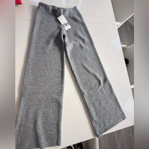 Zara Gray Ribbed Wide-Leg Knit Pants